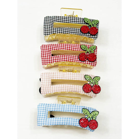 Rectangle Cherry Patch on Gingham Fabric Hair Claw