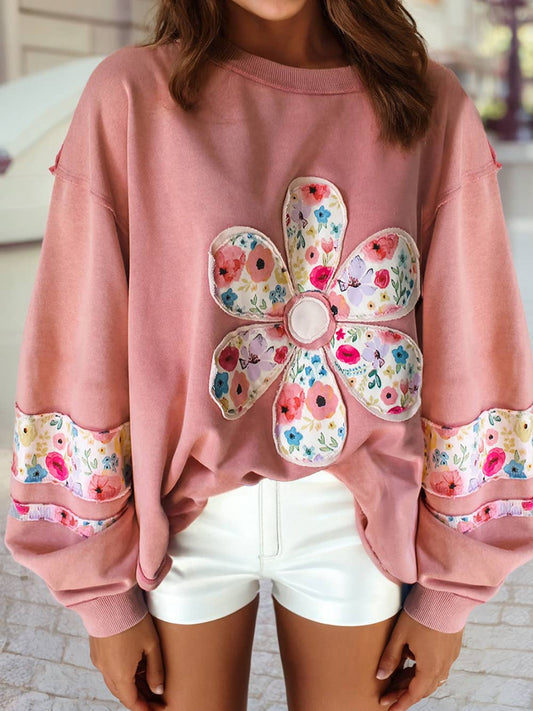Flower Applique Patchwork Drop Sleeve Pullover Sweatshirt