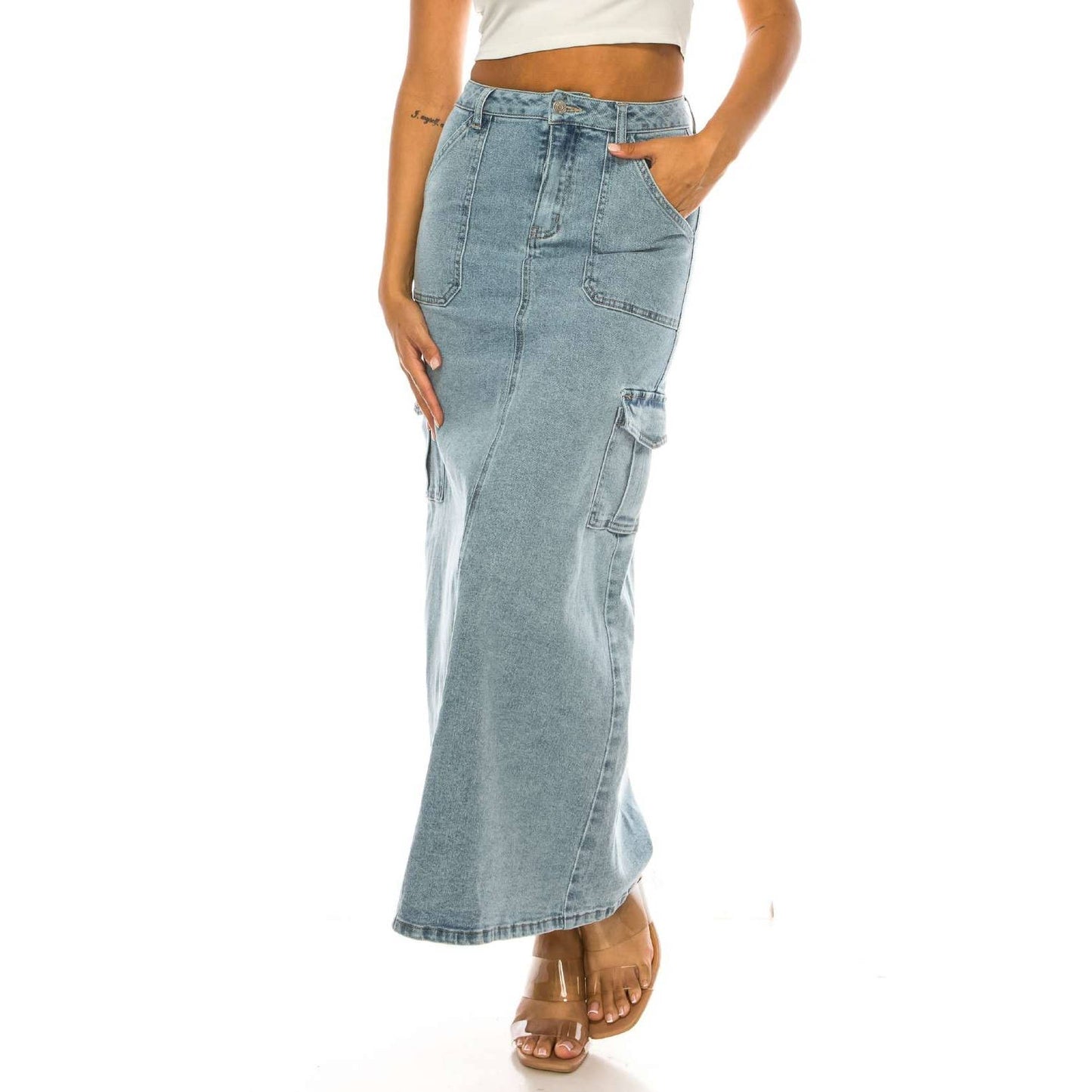 LIGHT COLOR CARGO POCKET LONG DENIM SKIRTS