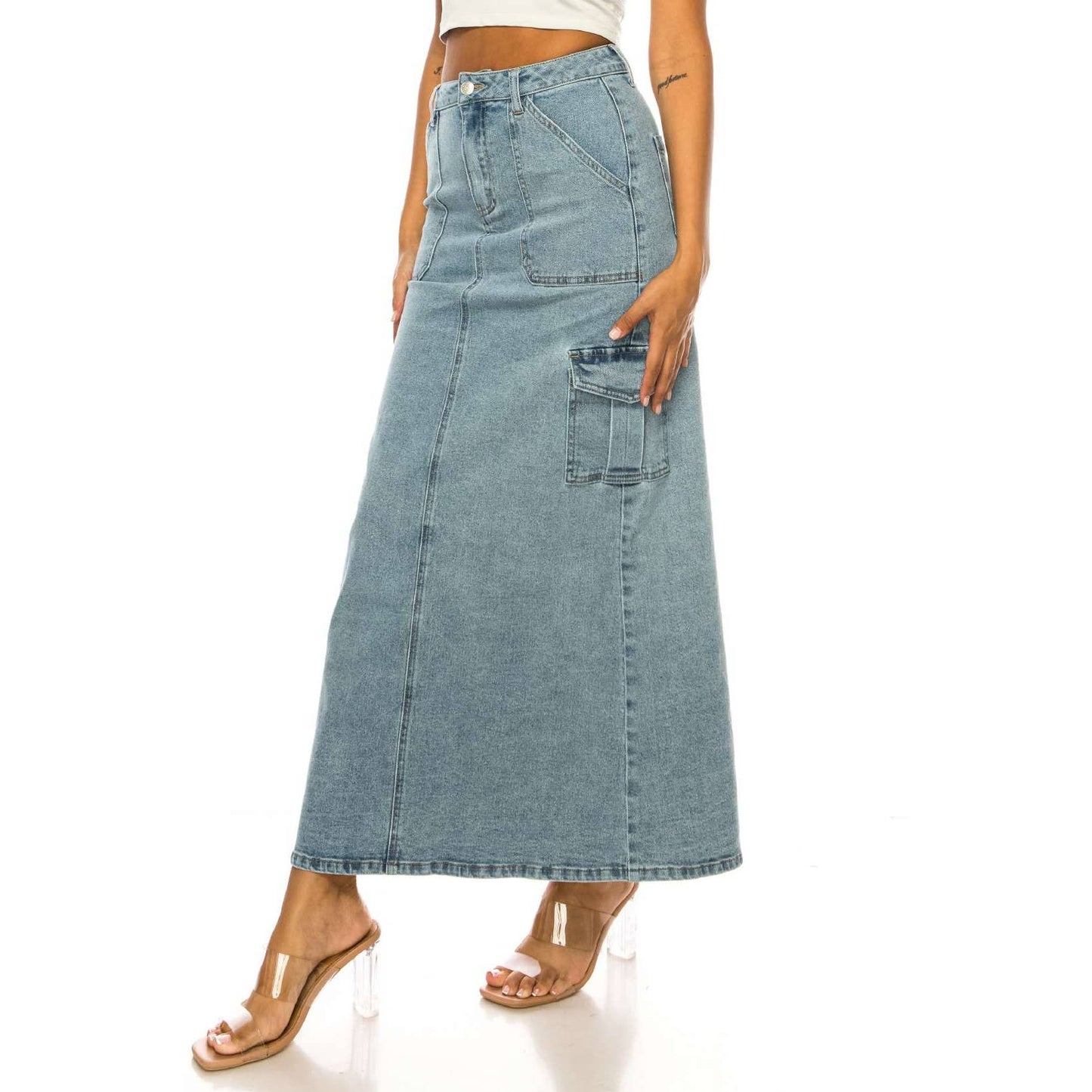 LIGHT COLOR CARGO POCKET LONG DENIM SKIRTS