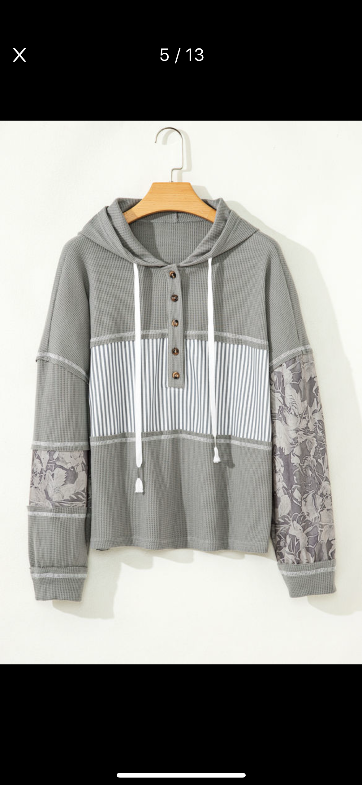 Gray Waffle Patchwork Hooded Long Sleeve