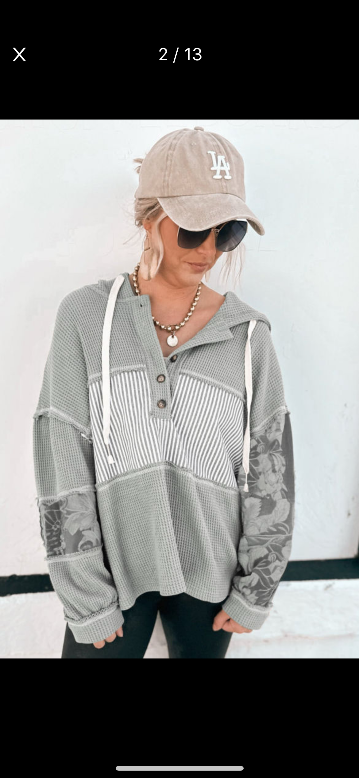 Gray Waffle Patchwork Hooded Long Sleeve