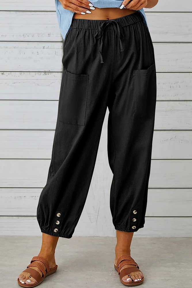 Plain Elastic Waist Buttoned Hem Pockets Joggers ZK1735