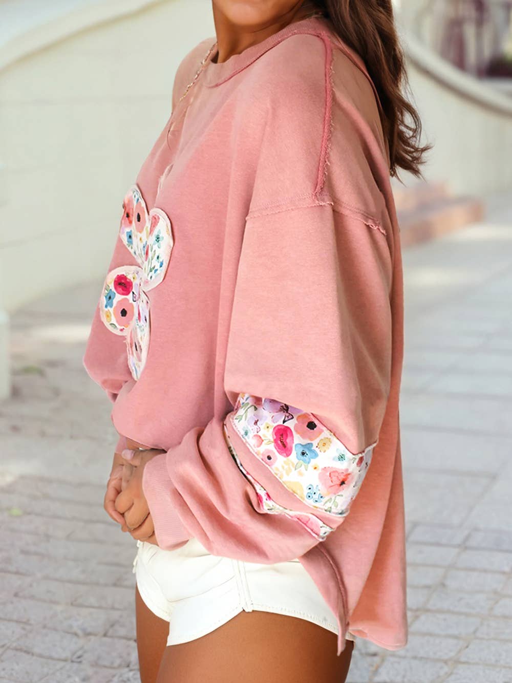 Flower Applique Patchwork Drop Sleeve Pullover Sweatshirt
