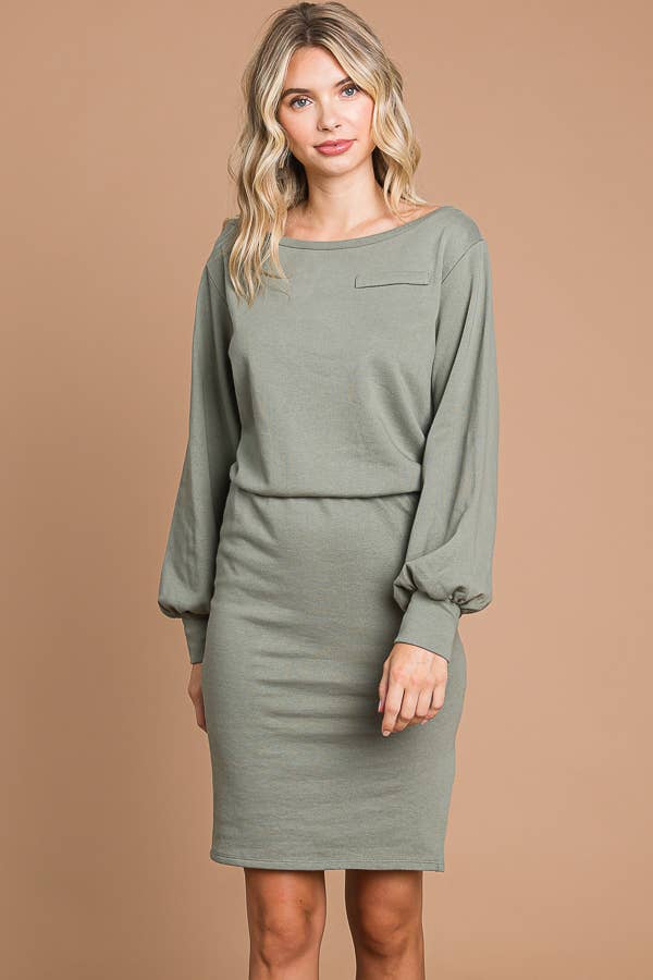CFD1224L - BOAT NECK BALLOON SLEEVE DRESS
