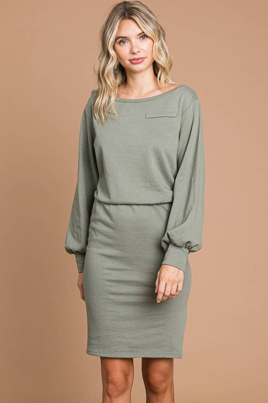 CFD1224L - BOAT NECK BALLOON SLEEVE DRESS