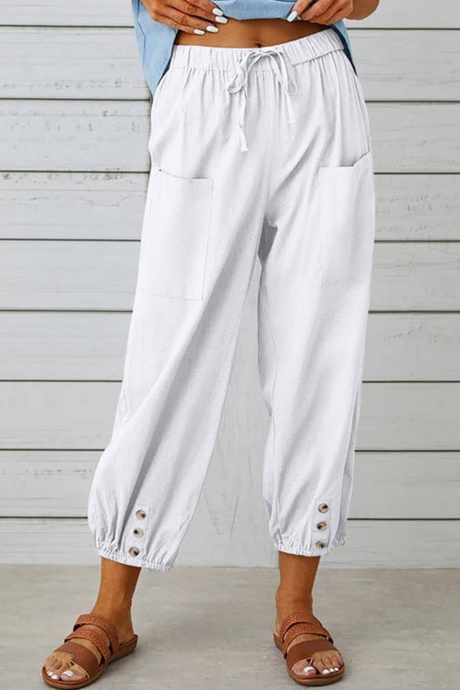 Plain Elastic Waist Buttoned Hem Pockets Joggers ZK1735