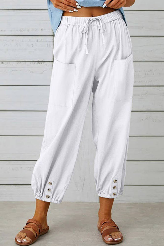 Plain Elastic Waist Buttoned Hem Pockets Joggers ZK1735