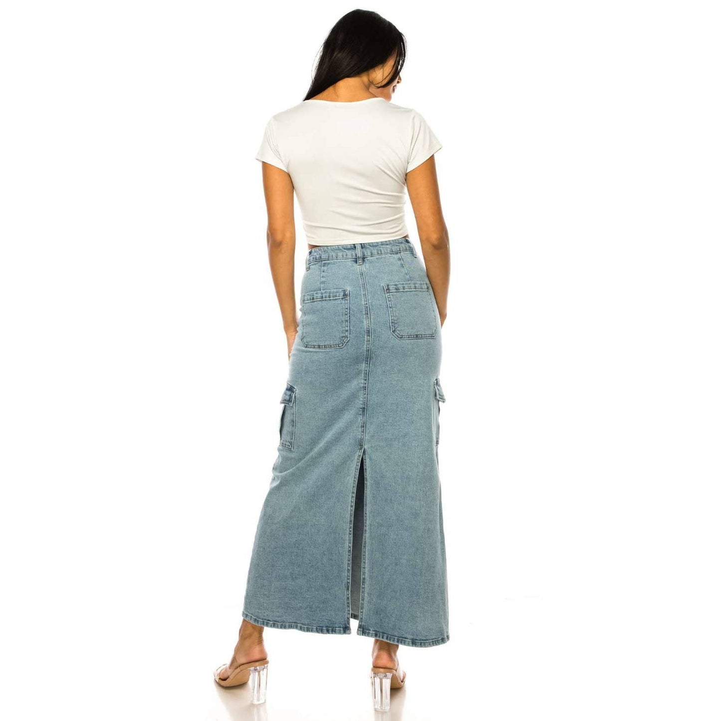 LIGHT COLOR CARGO POCKET LONG DENIM SKIRTS