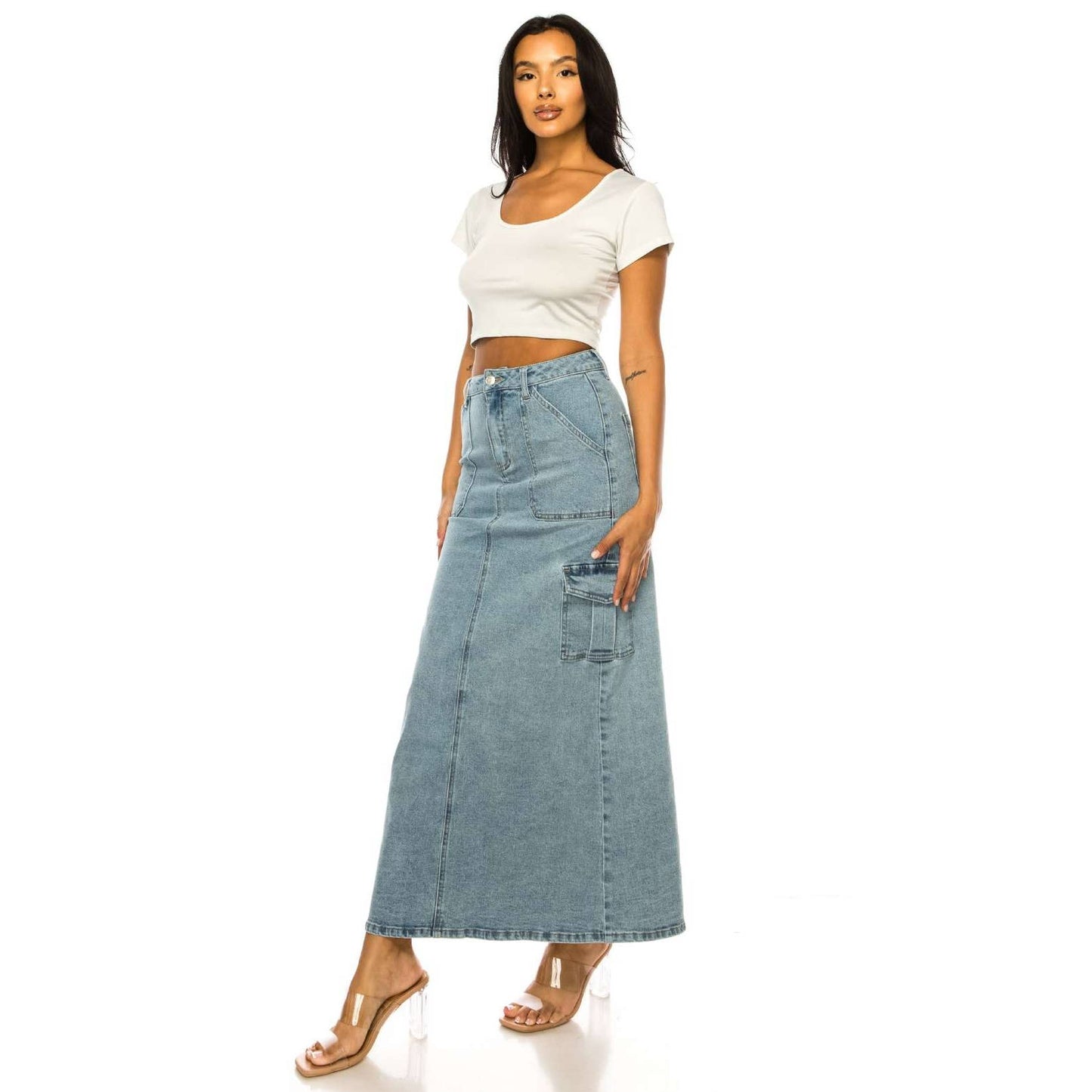 LIGHT COLOR CARGO POCKET LONG DENIM SKIRTS