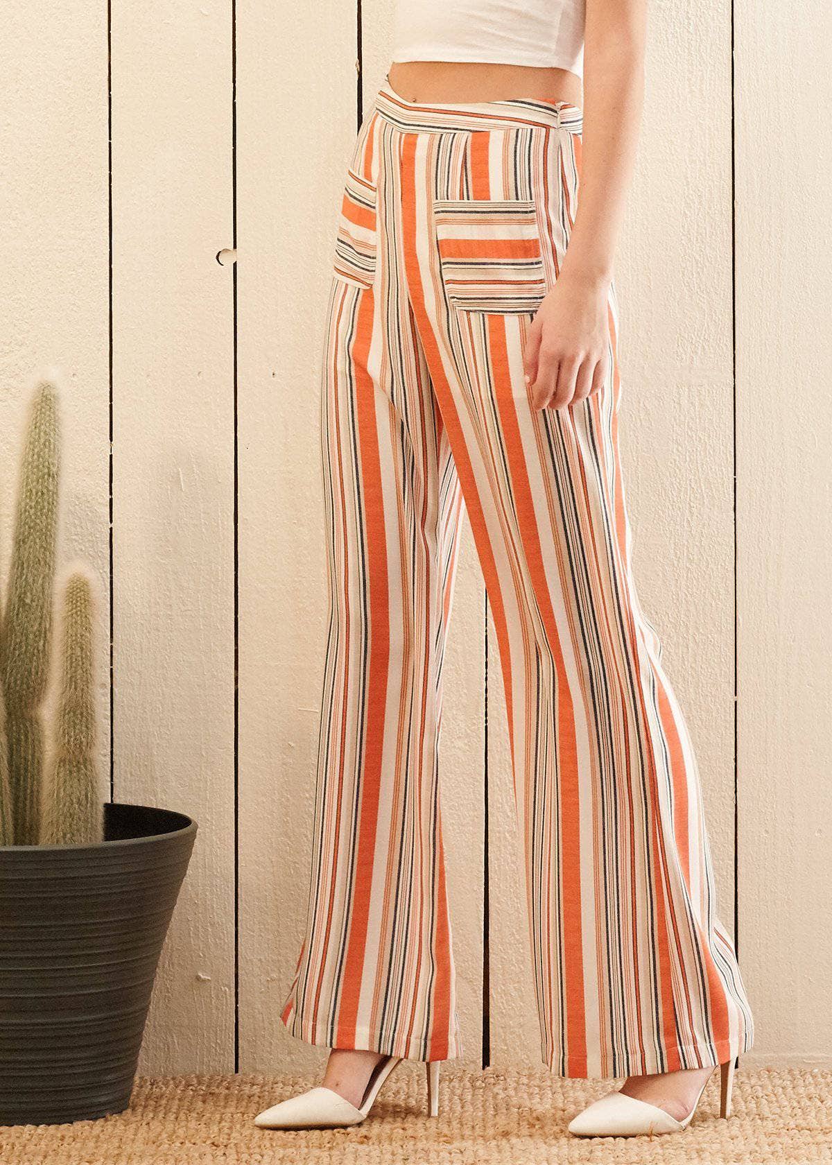 Nurode's High-waisted Palazzo in Rust Multi Stripe