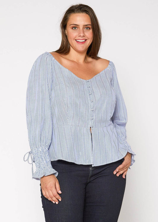 Nurode's Plus Size Smocked Sleeve Wrap Blouse in Blue