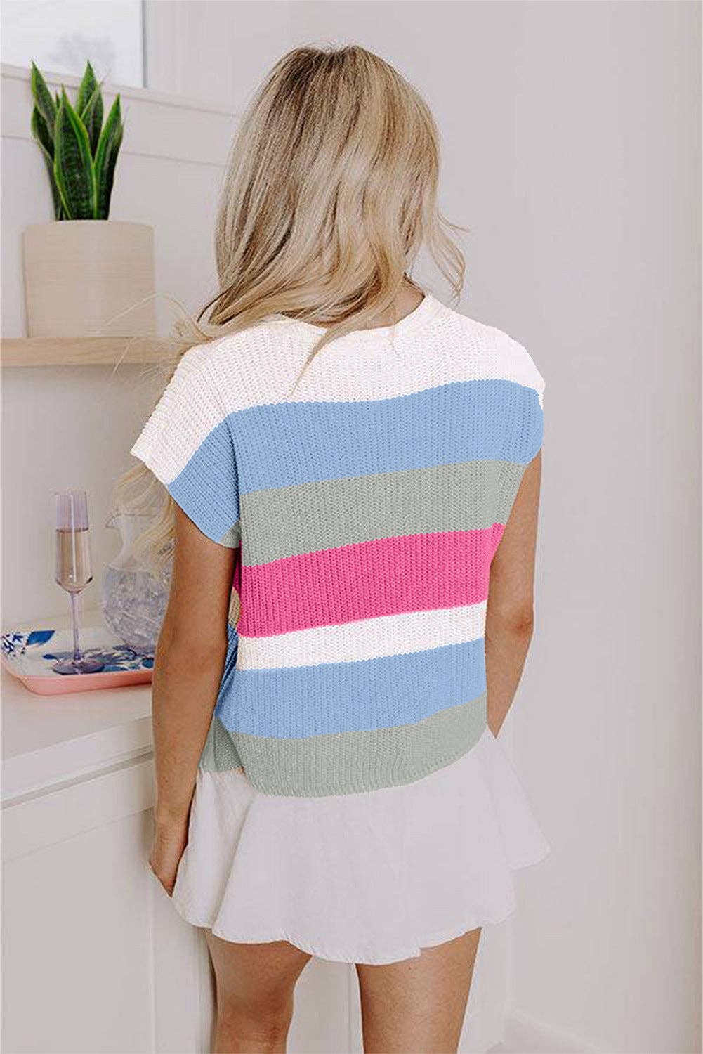 Colorblock Striped Knit Top Casual V Neck Short Sleeve Sweater Women