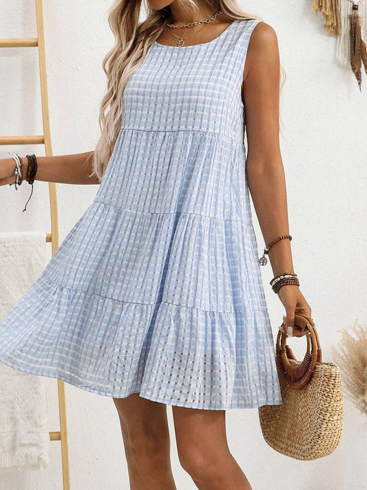 Flowy Gingham Check Midi Dress Casual Summer Outfit N25Z237