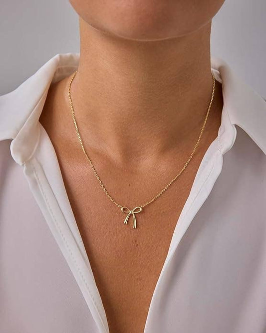 Dainty "Saved By Grace" 14k Gold Inspirational Bow Necklace