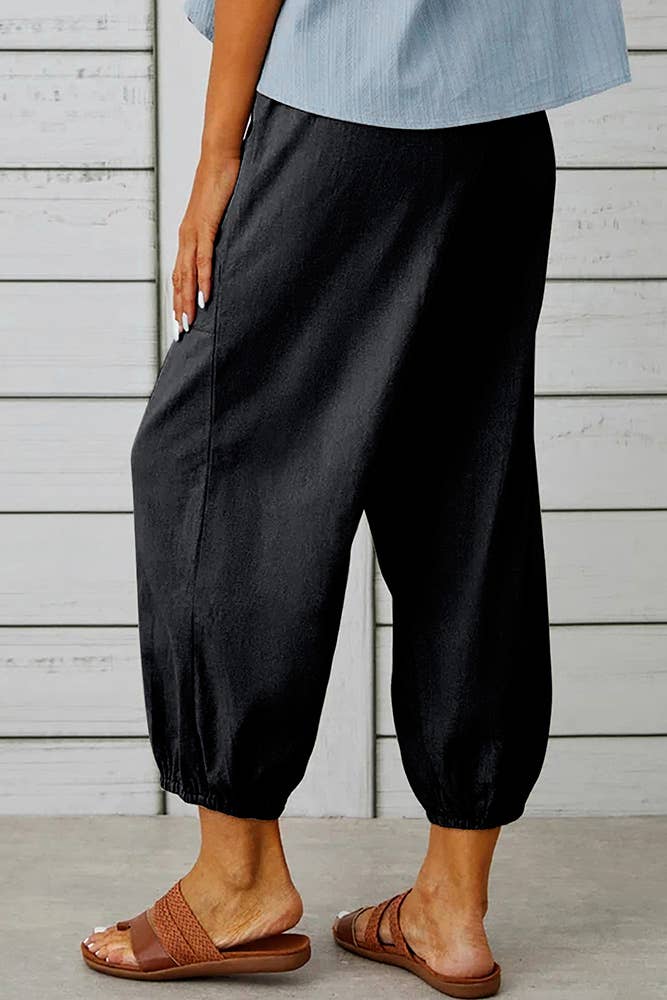 Plain Elastic Waist Buttoned Hem Pockets Joggers ZK1735