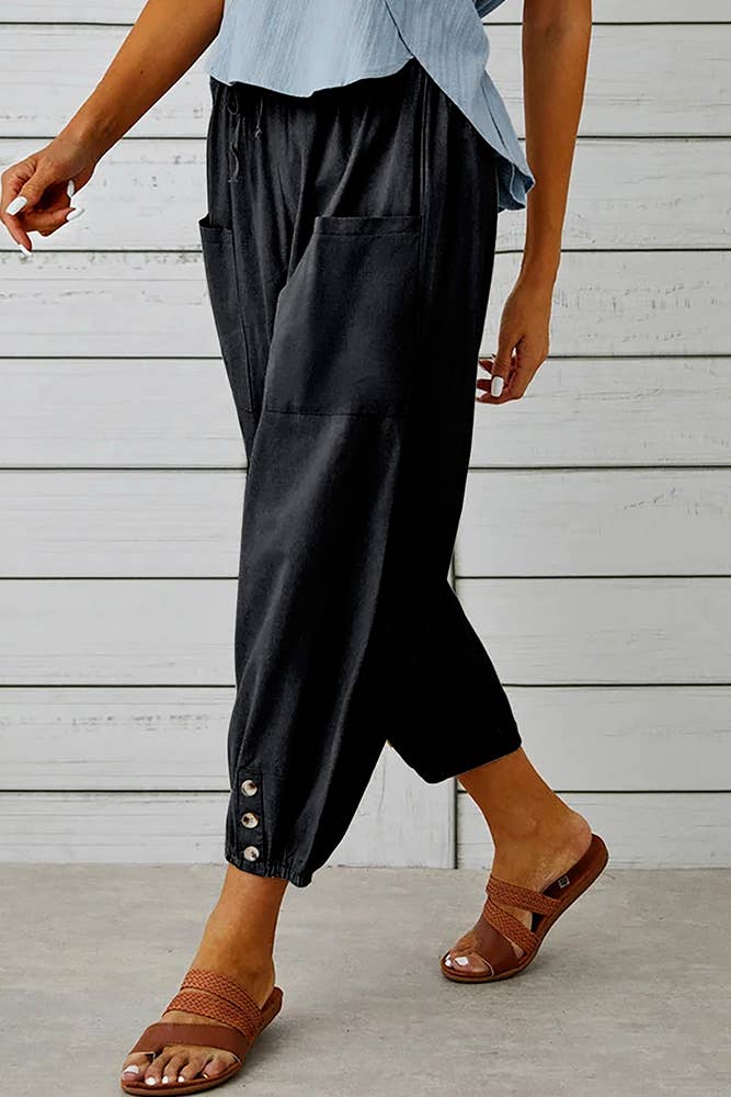 Plain Elastic Waist Buttoned Hem Pockets Joggers ZK1735