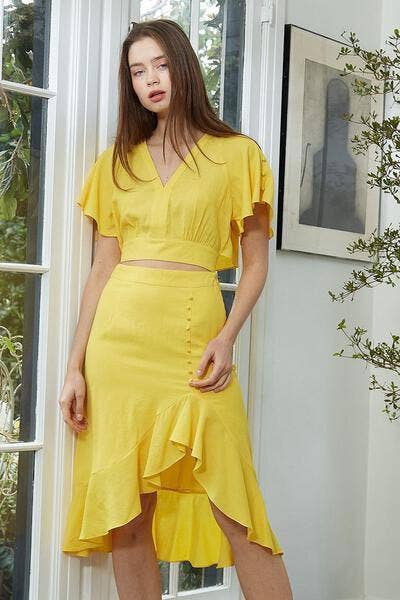 Nurode's Tie Waist Cape Sleeve Cropped Blouse in Yellow