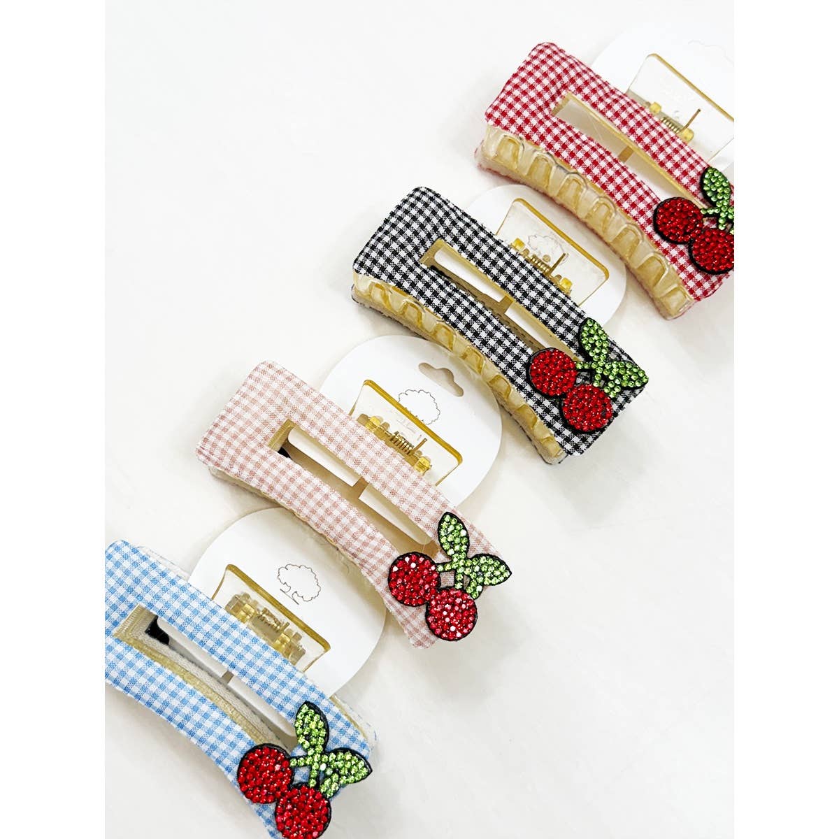Rectangle Cherry Patch on Gingham Fabric Hair Claw