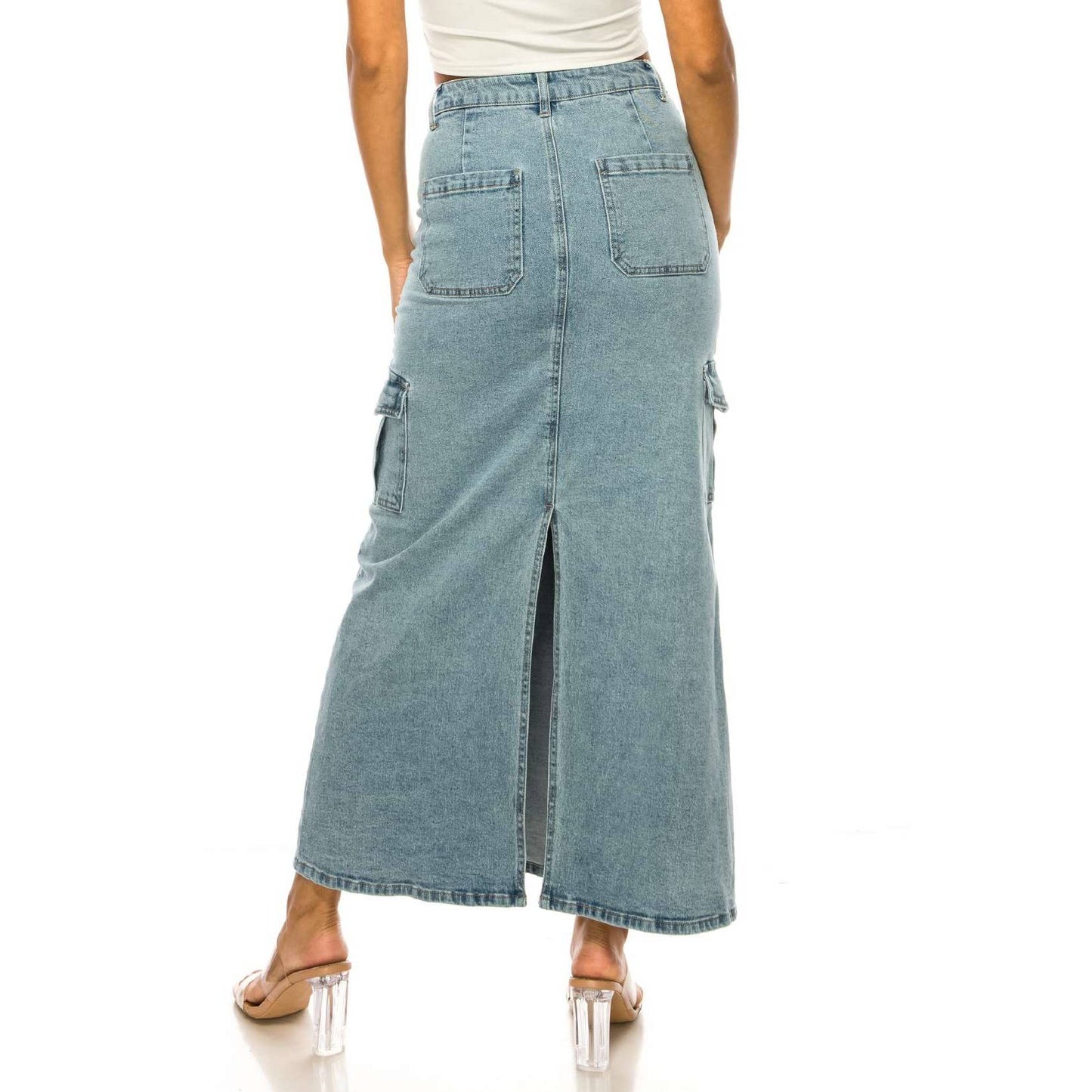 LIGHT COLOR CARGO POCKET LONG DENIM SKIRTS