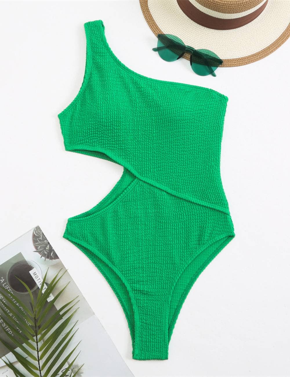 Wrinkle One Shoulder One Piece Swimwear SKSW40090