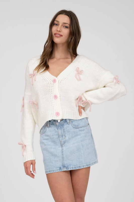 BOW DETAIL BUTTON DOWN CROPPED KNIT CARDIGAN